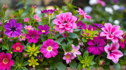 Fototapeta premium Design a lush floral background bursting with vibrant pinks, purples, and greens, featuring a variety of blooming flowers in high definition, creating a lively and inviting atmosphere.