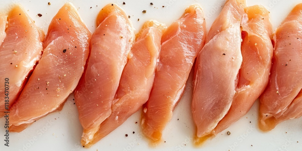 Aufkleber close up view of raw chicken fillets displayed on a white surface, highlighting the texture and fres