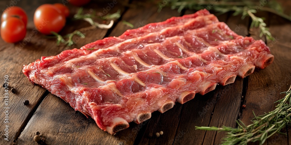 Poster raw ribs displayed on a wooden table, showcasing the rich texture and color of raw ribs, perfect for
