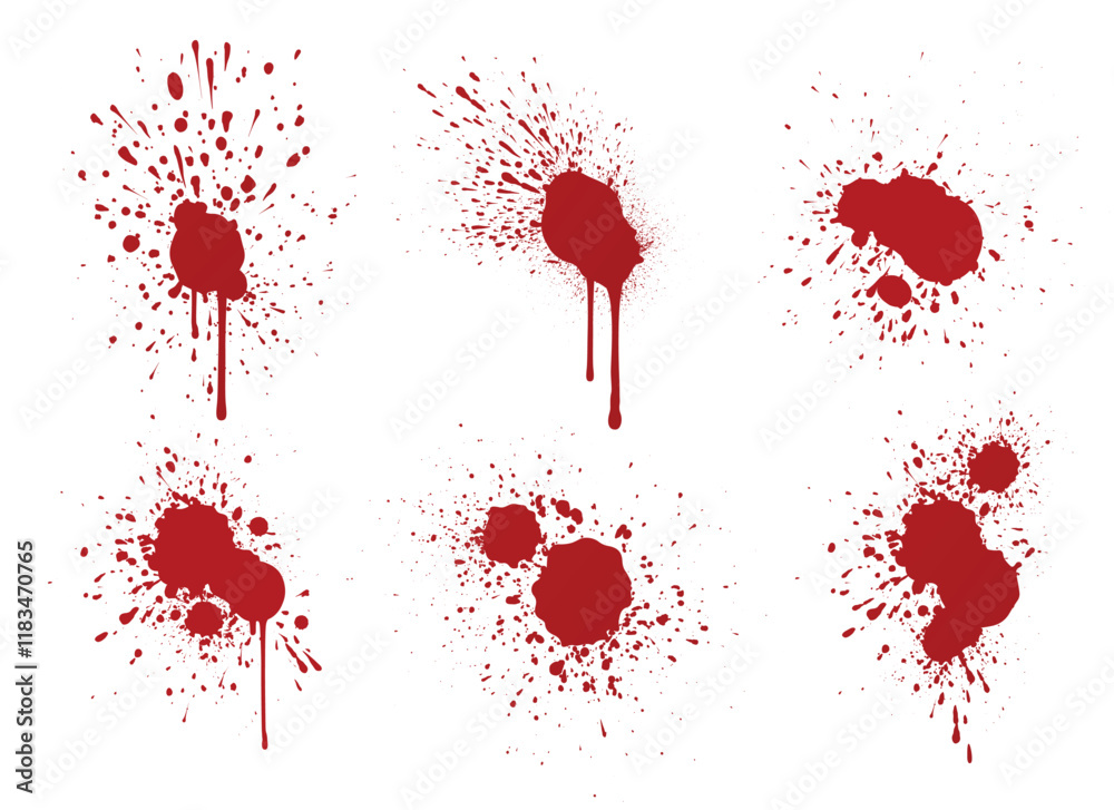 Wall mural blood splash collection - red stains with dripping streams and scattered droplets on white surface. 