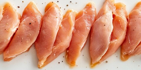 Close up view of raw chicken fillets displayed on a white surface, highlighting the texture and freshness of raw chicken fillets in an appealing manner for culinary presentations.