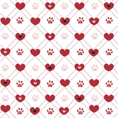 Plaid red hearts with cute paw prints. Seamless fabric design pattern