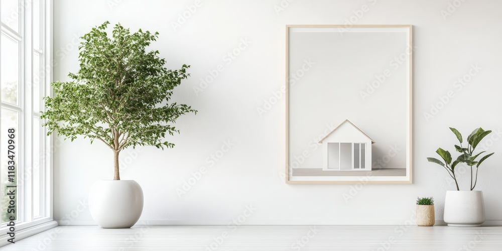 Poster real estate poster showcasing a house and tree on a white wall with space for text above the artwork