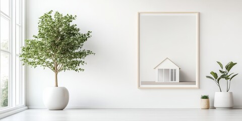 Real Estate Poster showcasing a house and tree on a white wall with space for text above the artwork, reflecting a Scandinavian design concept in a mockup style.