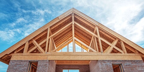 Obraz premium A timber roof truss showcased in a house under construction features walls of autoclaved aerated concrete blocks, an unfinished window opening, and a sturdy reinforced brick lintel under a blue sky.