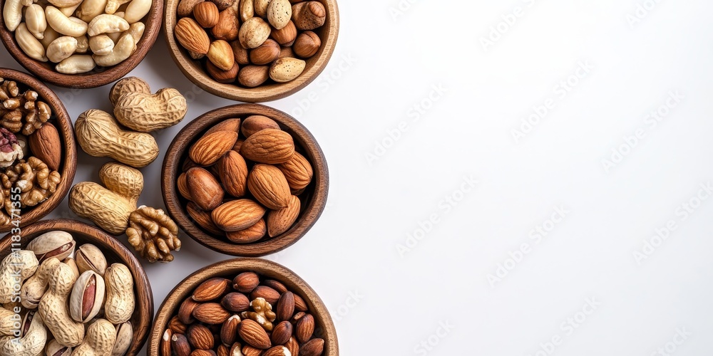 Poster assorted nuts arranged in wooden plates on a white background, showcasing the variety of nuts availa