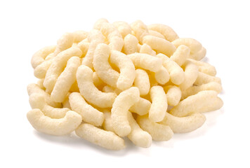 Crunchy corn snacks isolated on white background.