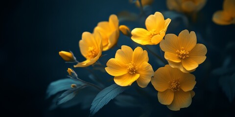 Fototapeta premium Close up of vibrant yellow blooming flowers set against a dark background, showcasing the intricate details of the yellow blooming flowers in the foreground.