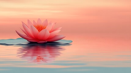 Pink Water Lily Floating on Calm Water at Sunset