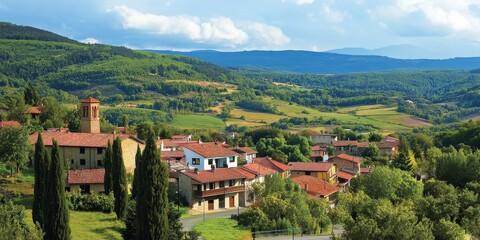 Fototapeta premium Charming small town in a picturesque setting, known for its tranquil atmosphere and beautiful landscapes. This town offers a unique blend of nature and culture for visitors to explore.