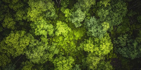 Naklejka premium Looking down onto a woodland, one can see the forest floor blanketed in moss, creating a lush green carpet throughout the area.