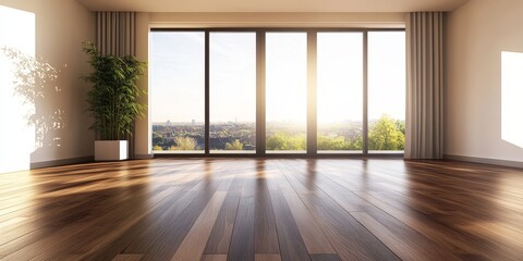 Fototapeta premium Spacious empty room featuring dark wooden floating laminate flooring, ideal for a bedroom or living room. Perfect for showcasing real estate with stylish wood floor design and beautiful views.