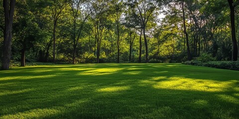 Fototapeta premium Lush green grass thrives in a serene forest setting, showcasing the vibrant green grass that enhances the natural beauty of the landscape and contributes to a peaceful outdoor atmosphere.