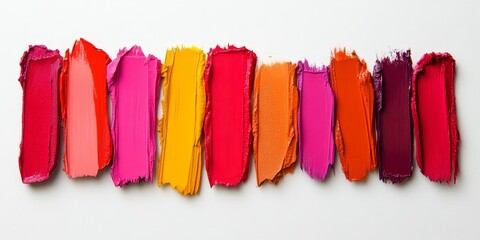 Vibrant multicoloured scraps of lipstick displayed on a clean white background, showcasing a variety of lipstick shades for makeup enthusiasts and cosmetic lovers.