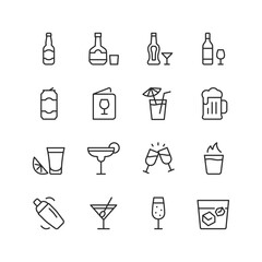 Alcoholic Beverages, linear style icon set. Drinks and bar essentials. Bottles, glasses, cocktails, and celebratory toasts. For bars, menus, and festive themes. Editable stroke width
