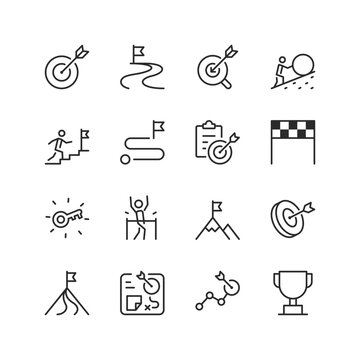 Goals and Achievements, linear style icon set. Representations of success, milestones, and strategies. Target, flag, trophy, and progress path. Motivation and productivity. Editable stroke width