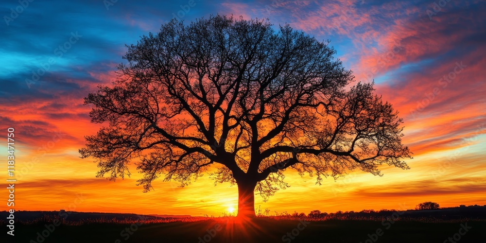Poster tree silhouette prominently displayed against a vibrant sunset sky, showcasing the beauty of nature 