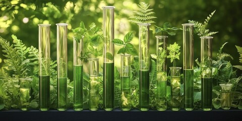 Naklejka premium Green plants thriving in test tubes under laboratory conditions, showcasing scientific experimentation and botanical research.