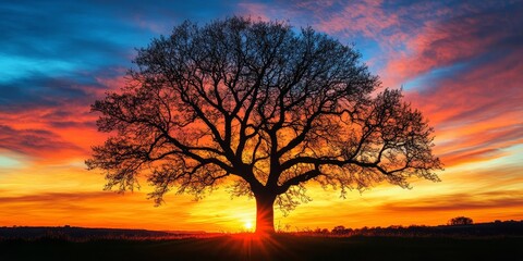 Tree silhouette prominently displayed against a vibrant sunset sky, showcasing the beauty of nature as the sun sets, creating an enchanting scene with striking colors and shapes of the tree