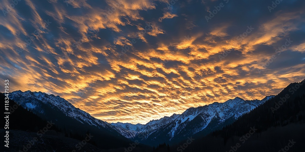 Poster evening light casts a beautiful glow on altocumulus clouds in the sky, creating a stunning contrast 