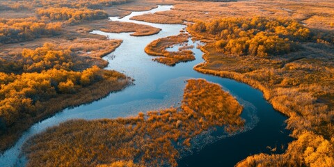 Aerial view showcasing the marshy flood land of a river in autumn, highlighting the vibrant colors and unique landscape formed by the marshy flood land in this serene season.