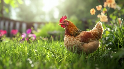 Fototapeta premium Hen roaming freely on lush green grass in a farm setting. A healthy chicken exploring the vibrant green grass in a garden environment. Enjoy the sight of the hen amidst nature s greenery.