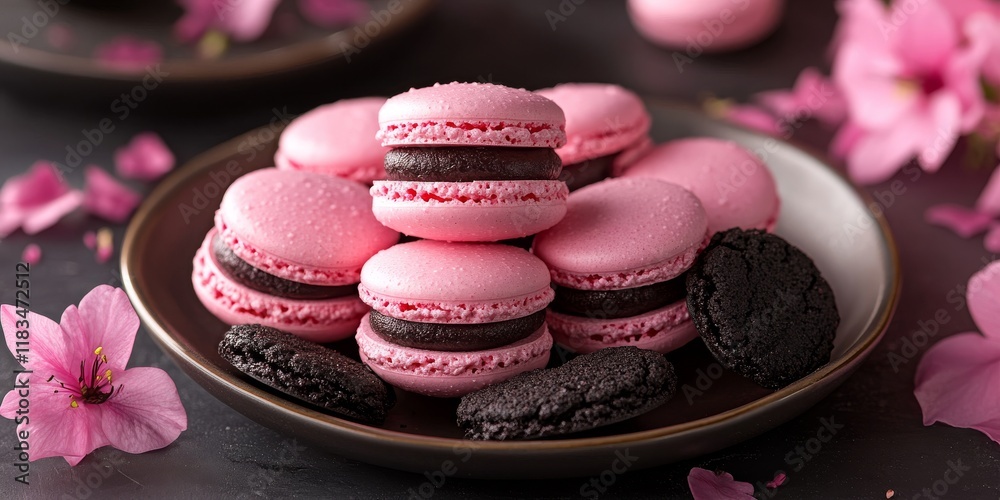Poster delightful pink macaroons paired with rich black cookies create a visually appealing dessert arrange