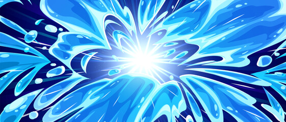 Comic anime water explosion radiating from bright center - dynamic liquid splashes creating circular burst pattern. Blue background with light azure droplets scattered among flowing stream effect.