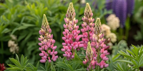 Lupins bloom elegantly as pink flowers on the lupin plant, creating a vibrant display in a garden setting. The stunning lupins showcase the beauty of nature and colorful landscaping.