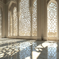 Sunlight streaming through intricate lattice windows, casting mesmerizing geometric patterns on the floor, evoking elegance, tradition, and architectural beauty