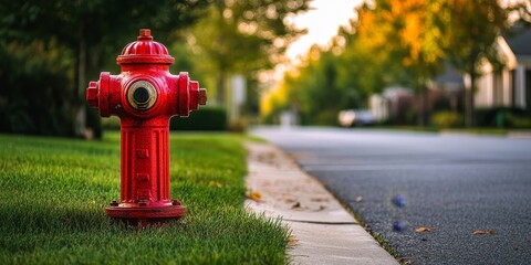 Classic suburban fire hydrant captured in a detailed shot, showcasing the vibrant colors and design of the fire hydrant in a typical neighborhood setting with perfect lighting.
