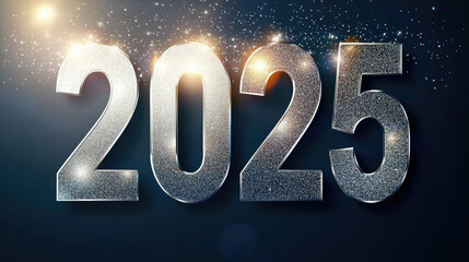 Stunning 3D Silver “2025” with Glitter on Dark Blue: Ideal Vector for New Year Greetings, Banners in Ultra-High Def, Stock Style.
