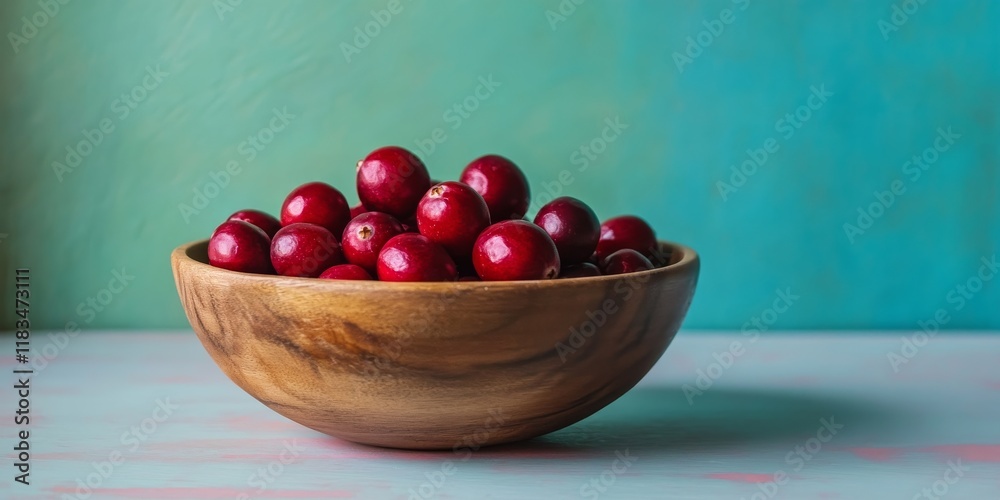 Poster ripe cranberry displayed in a wooden bowl on a softened pastel table, showcasing the vibrant color a