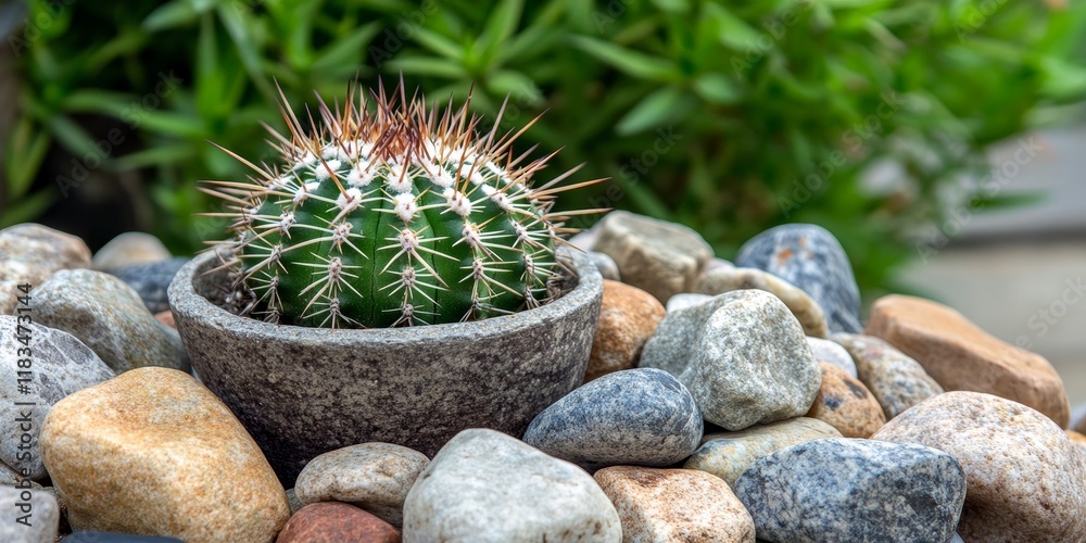 Poster cactus in a pot surrounded by stones, showcasing the beauty of a cactus arrangement that emphasizes 