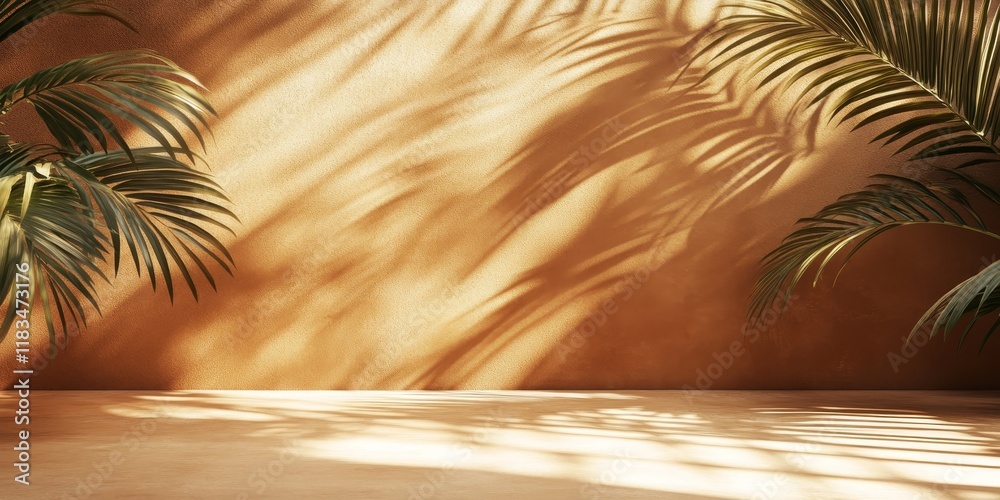 Poster Shadows of palm leaves cast on a brown wall and floor create an abstract backdrop with ample space for text. This natural scene embodies a sunny day, ideal for minimal summer themes.