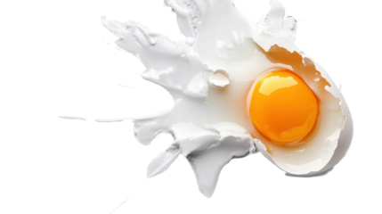 Cracked egg with yolk isolated on white background. PNG transparent.