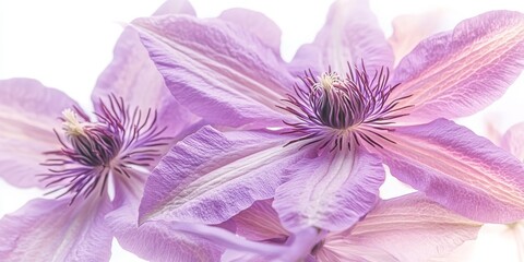Fototapeta premium A detailed close up of clematis flowers, showcasing their intricate beauty and texture, isolated against a white background for clarity and focus on the stunning clematis features.