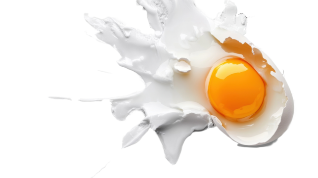 Cracked egg with yolk isolated on white background. PNG transparent.