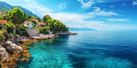 Fototapeta premium Stunning sea with a clear blue sky, showcasing the beauty of the coastline near a charming village. Experience the amazing sea and its tranquil allure in this captivating setting.