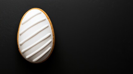A beautifully decorated cookie shaped like an egg on a dark background, perfect for festive celebrations.