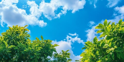 Obraz premium Vibrant mango tree tops contrast beautifully against a bright blue sky with fluffy clouds, showcasing the natural beauty of mango trees in an idyllic setting.