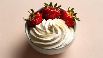 Strawberries with cream in a bowl, top view, fashion, business food banner
