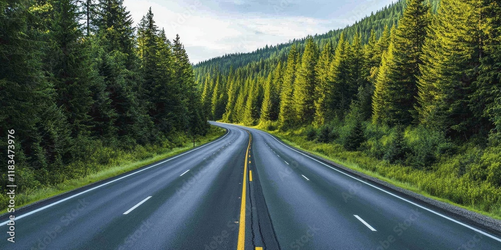 Poster lush green pine trees line the highway, creating a serene atmosphere. the green pine trees provide a