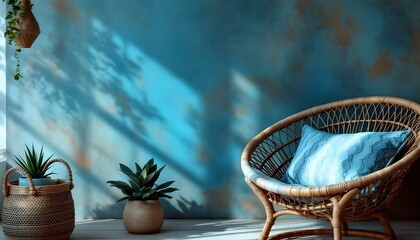 Rattan armchair with blue cushion surrounded by potted plants against turquoise wall with dramatic leaf shadows. Tropical interior concept.