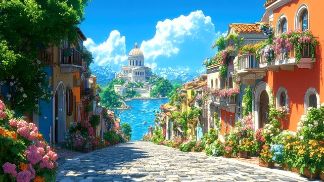 Picturesque colorful street with flowers leading towards coastal horizon beautifully. Town concept