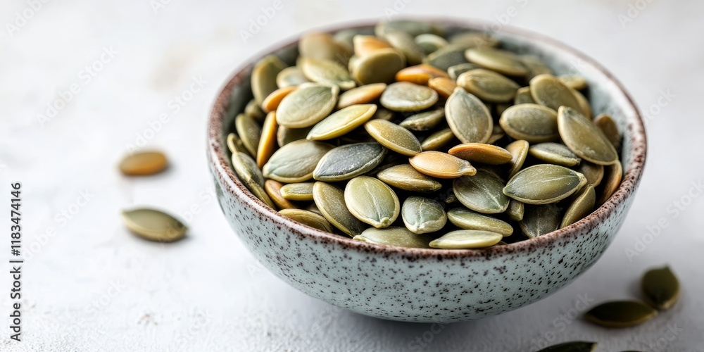Poster pumpkin seeds are arranged in a small bowl on a white table, showcasing a healthy snack option. this