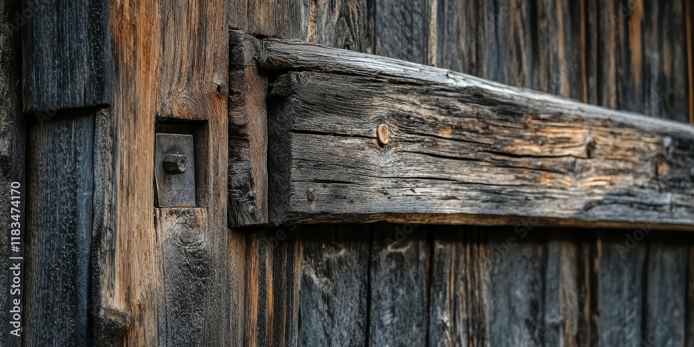 Poster Detailed close up of an old wooden building, showcasing the texture and character of age in the fragment, highlighting the unique features found in the wood and design of the building.