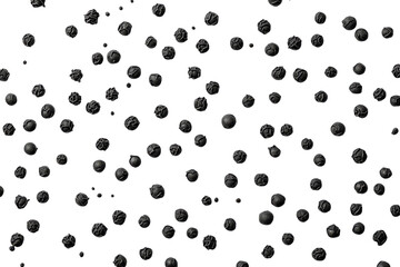 Unique close-up of scattered black spherical seeds on a white background depicting nature's...