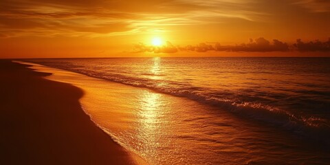 Naklejka premium Vibrant orange and golden sunset sky illuminates the scene, with the sun s reflection shimmering on the water and sand at the beach, creating a breathtaking beach sunset atmosphere.