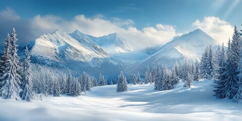 Obraz premium Winters snowy mountain scenery creates a picturesque backdrop, showcasing the serene beauty of the landscape. The snowy peaks and tranquil atmosphere define the winter season.